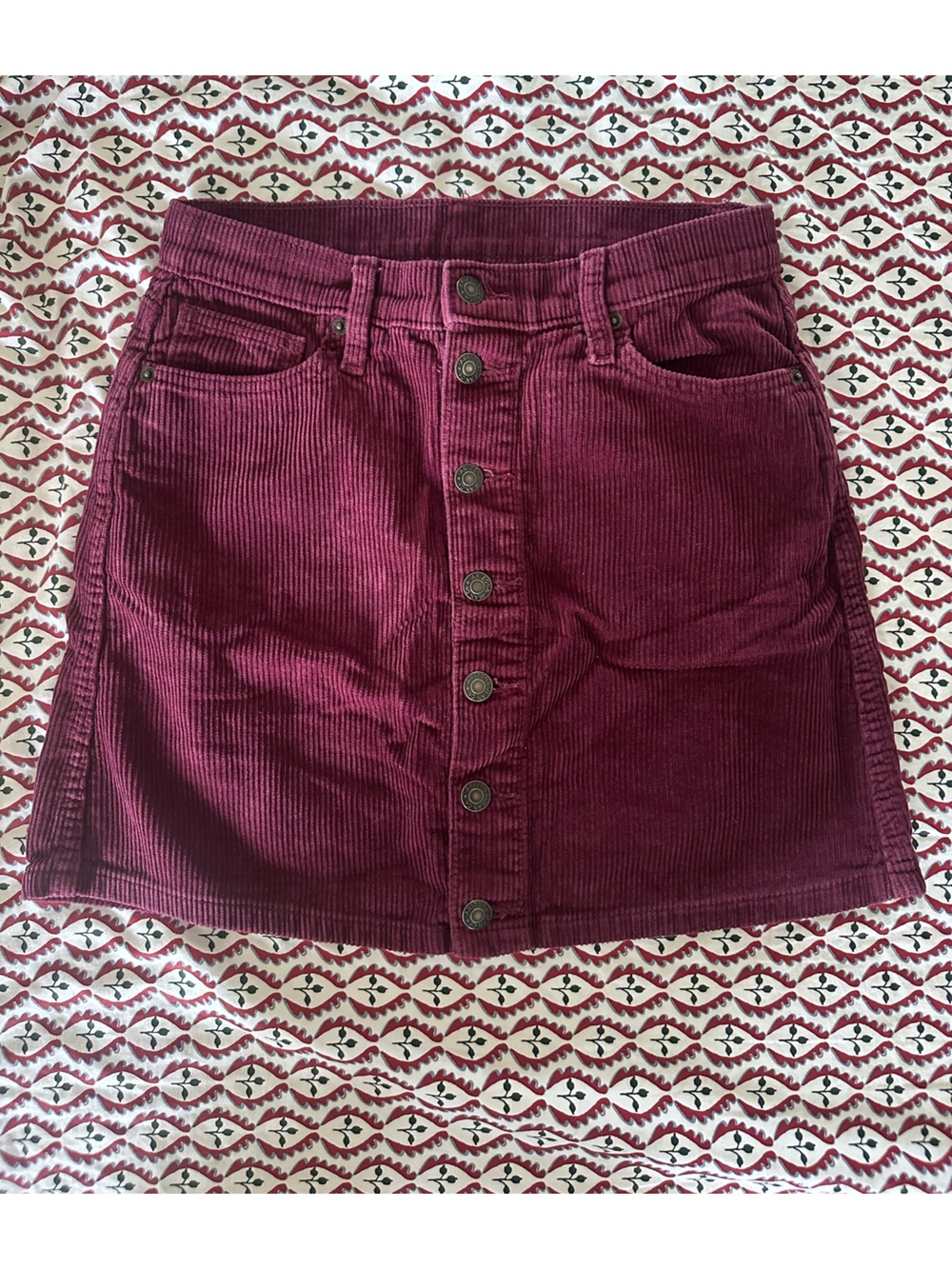 Corduroy 100% Cotton Button-Front Mini Skirt - Burgundy